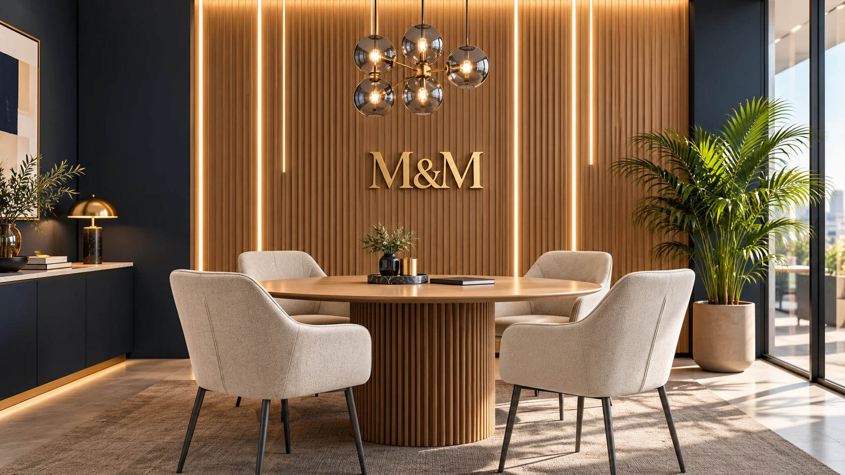 Imagen conceptual de un despacho moderno de MyM, con madera clara y tonos azul noche